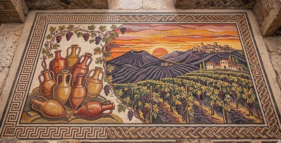 Ancient-Roman-mosaic-showing-wine-amphoras-next-to-a-contemporary-volcanic-vineyard-in-Castelli-Romani-at-sunset.jpg