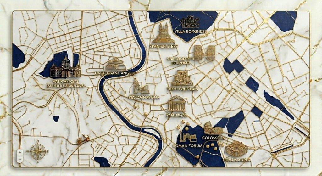 Interactive map of Rome in marble and gold for luxury experiences - Roma Luxury