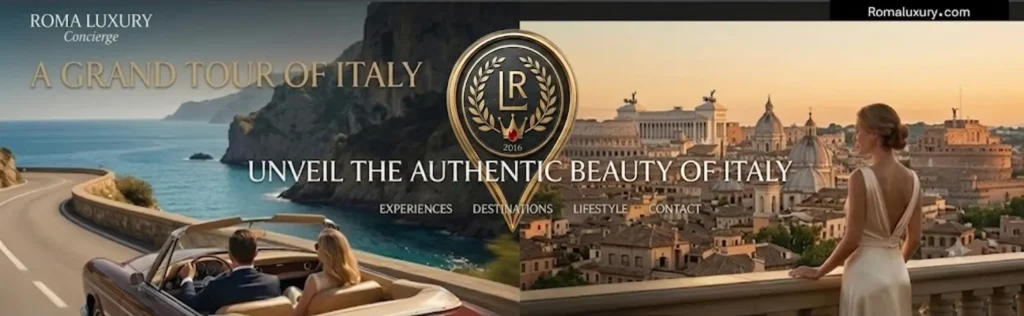 Roma Luxury Italian Experiences - A panoramic view of Rome and Amalfitan Coast and our signature location pin, representing exclusive bespoke travel experiences